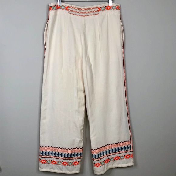 Anthropologie White Wide Leg Pants with Orange and Blue Accents - Picture 5 of 11